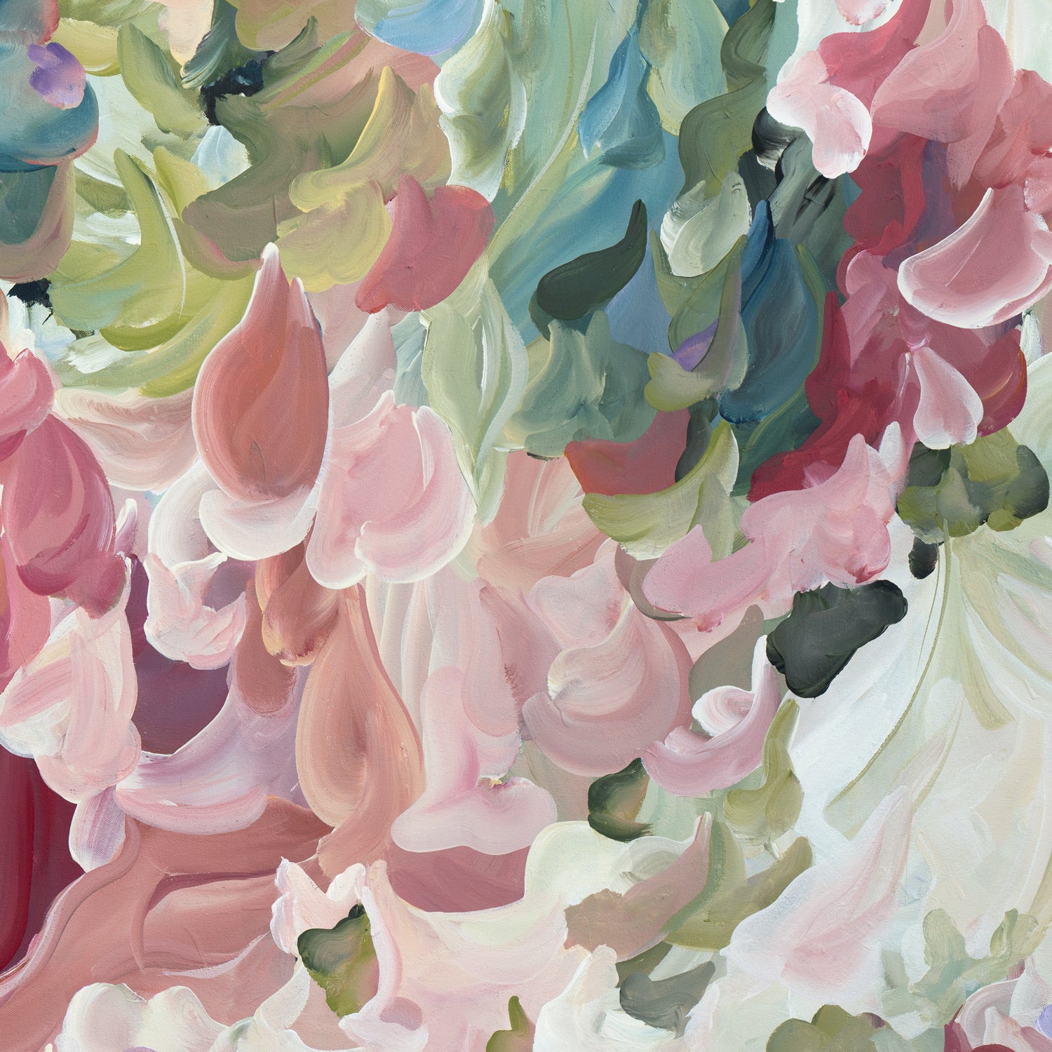 Pretty modern impressionist style abstract flower wall art print in pinks and greens. Close up cropped section.