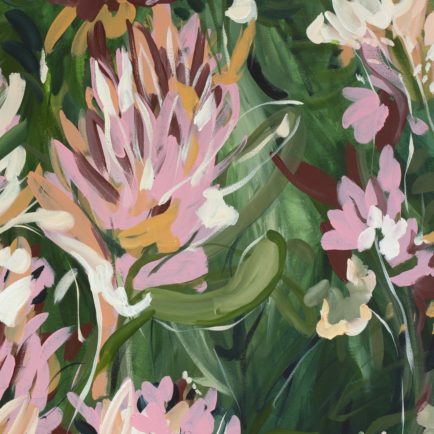 Colourful contemporary abstract protea flower wall art print in greens, pinks and warm orange yellow. Close up of a cropped section.