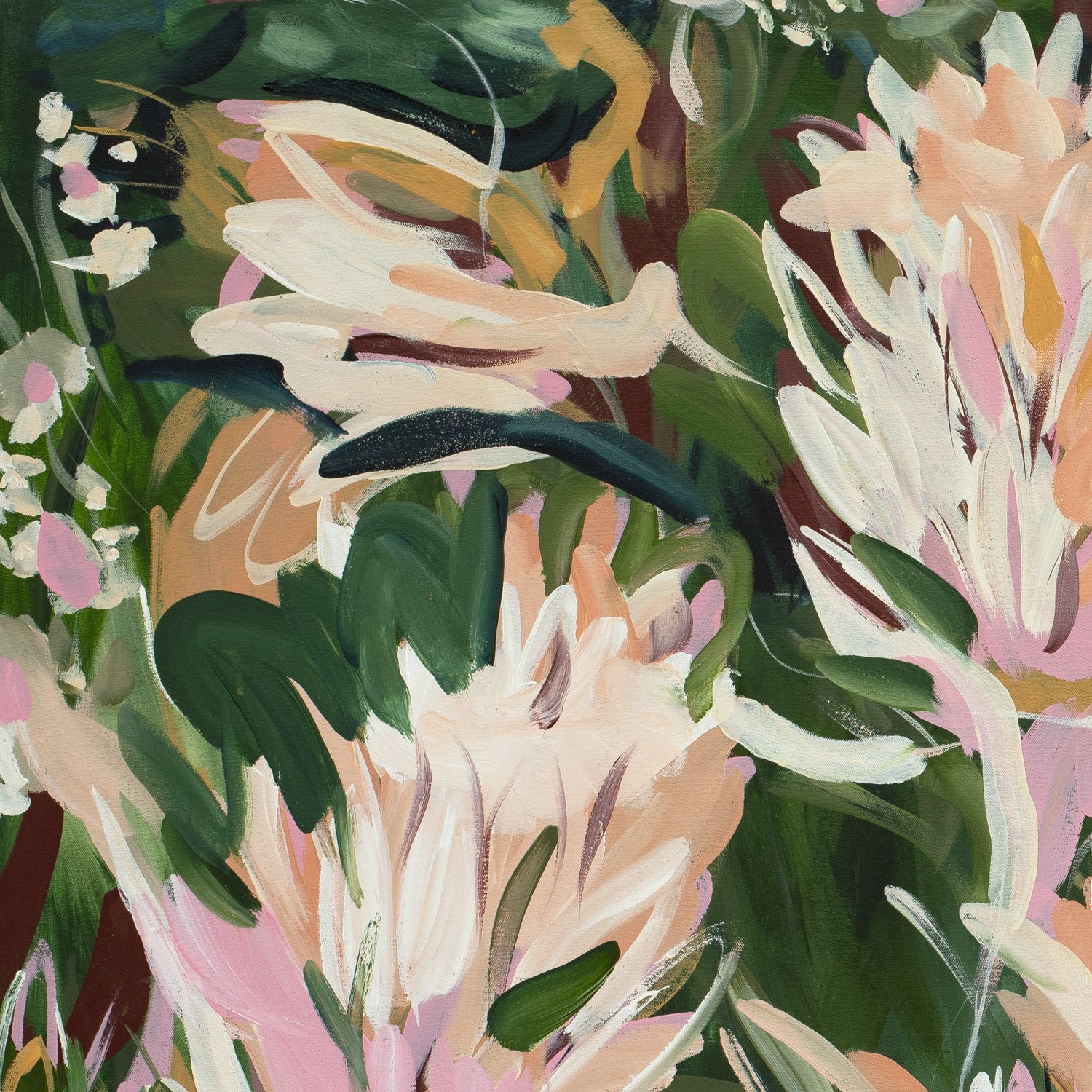 Colourful contemporary abstract protea flower wall art print in greens, pinks and warm orange yellow. Close up of a cropped section.