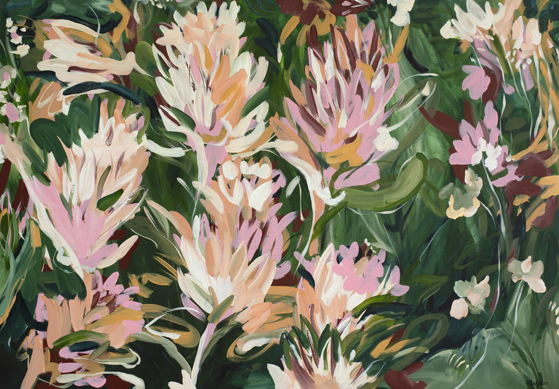 Colourful contemporary abstract protea flower wall art print in greens, pinks and warm orange yellow.