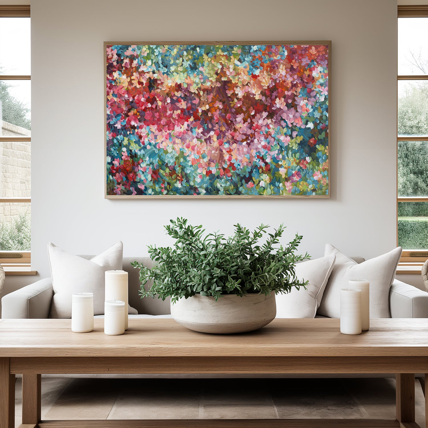 Colourful abstract fine art print. Dots and impressionist style representing small floral petals in nature. Framed in a natural frame, hanging against a modern neutral living room wall.