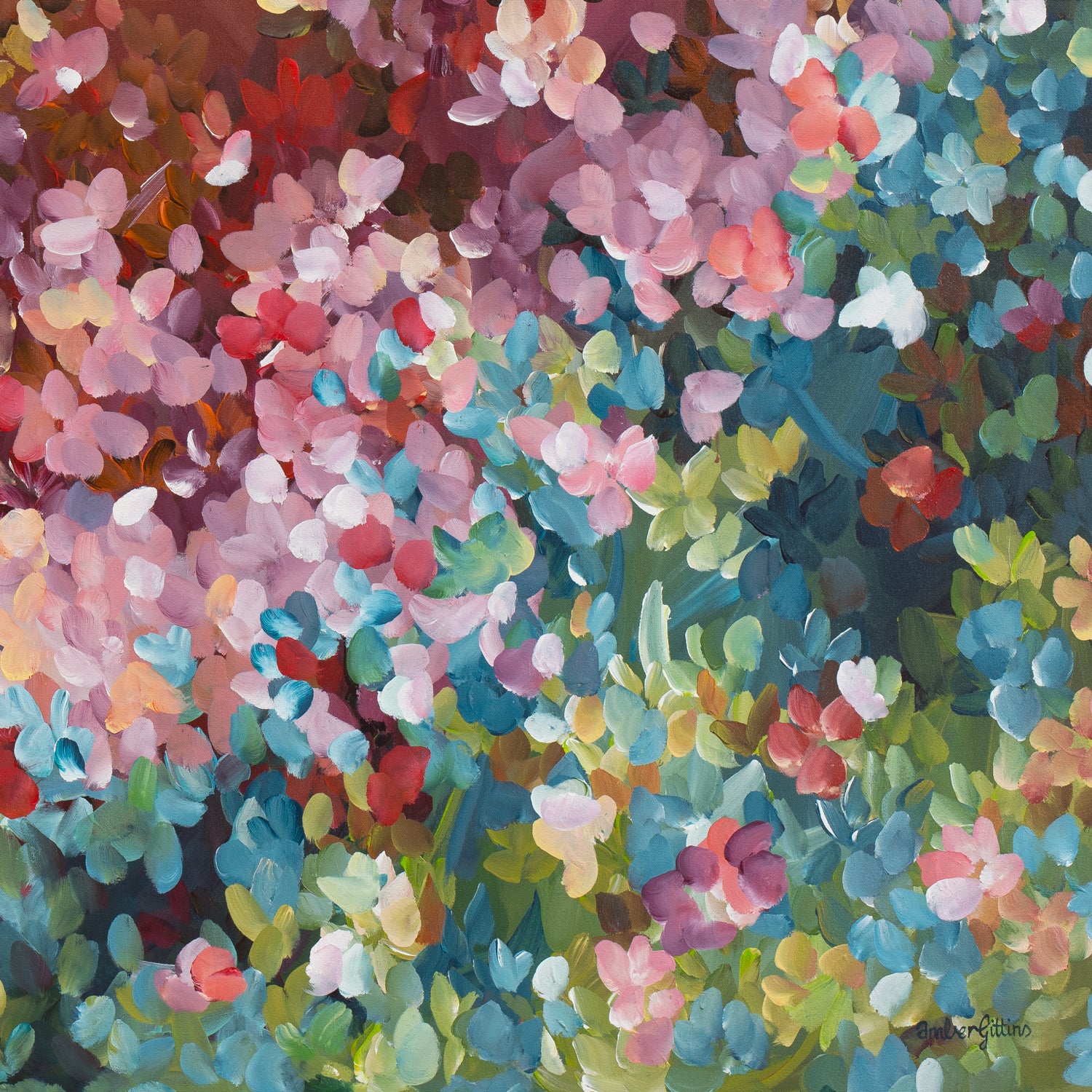 Colourful abstract fine art print. Dots and impressionist style representing small floral petals in nature. Close up cropped section of wall art print.