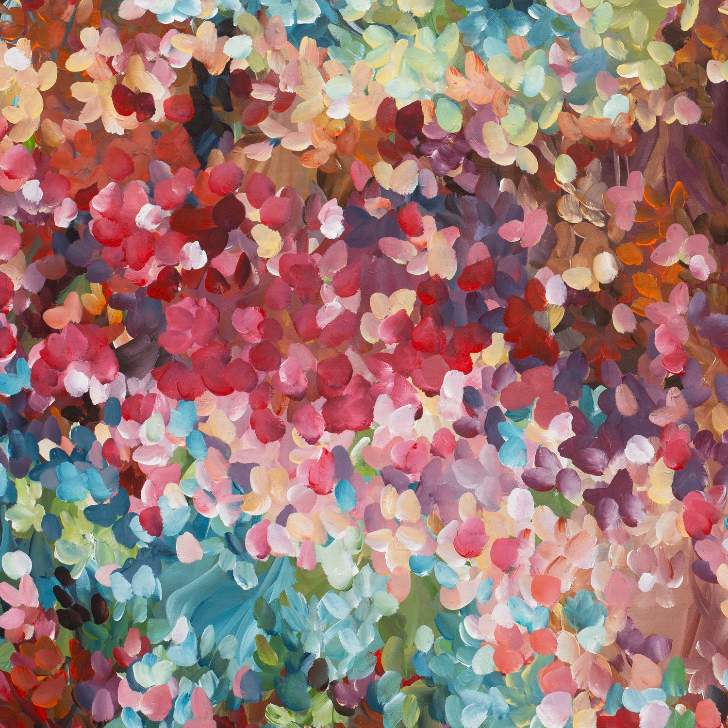 Colourful abstract fine art print. Dots and impressionist style representing small floral petals in nature. Close up cropped section of wall art print.