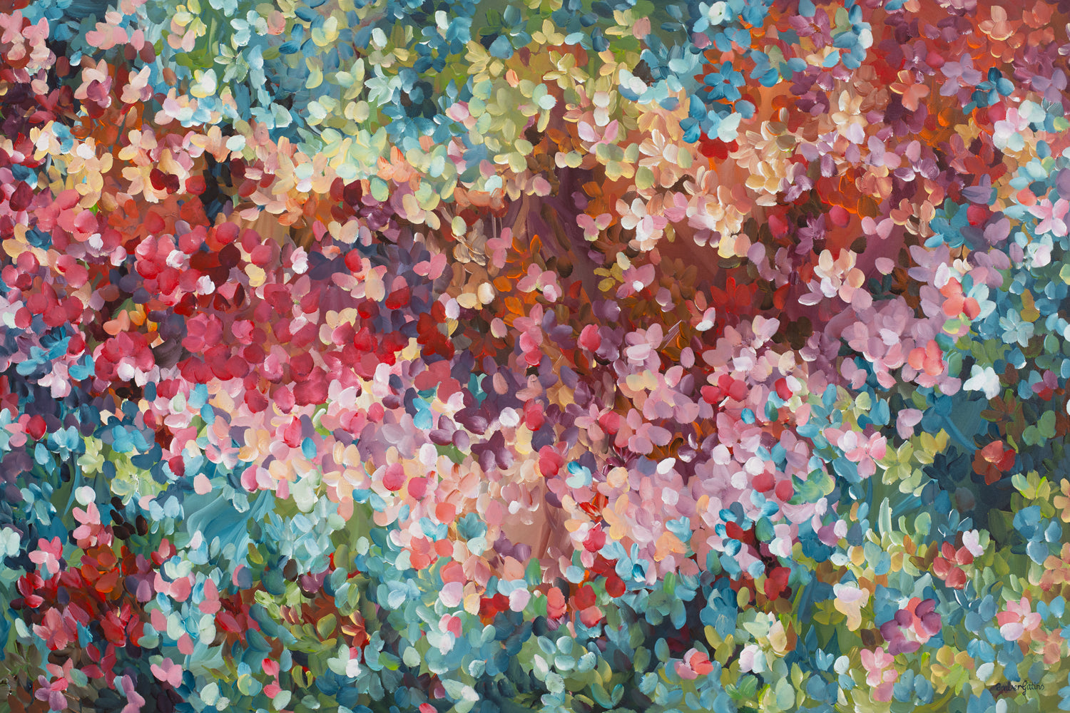 Colourful abstract fine art print. Dots and impressionist style representing small floral petals in nature.