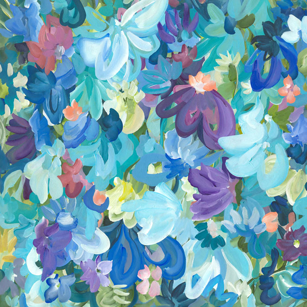 Colourful blue and purple abstract flower fine art print. Layers of flower petals and leaves in a modern impressionist style. Cropped close up section.