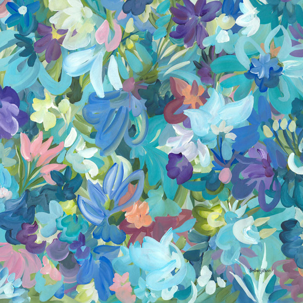 Colourful blue and purple abstract flower fine art print. Layers of flower petals and leaves in a modern impressionist style. Cropped close up section.