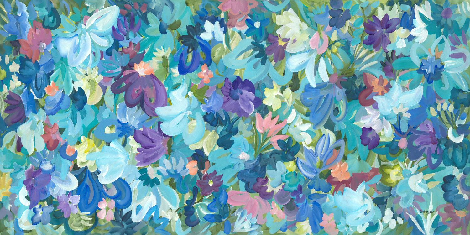Colourful blue and purple abstract flower fine art print. Layers of flower petals and leaves in a modern impressionist style.