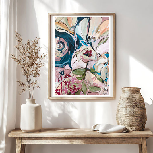Abstract floral art print hanging in a modern neutral living room