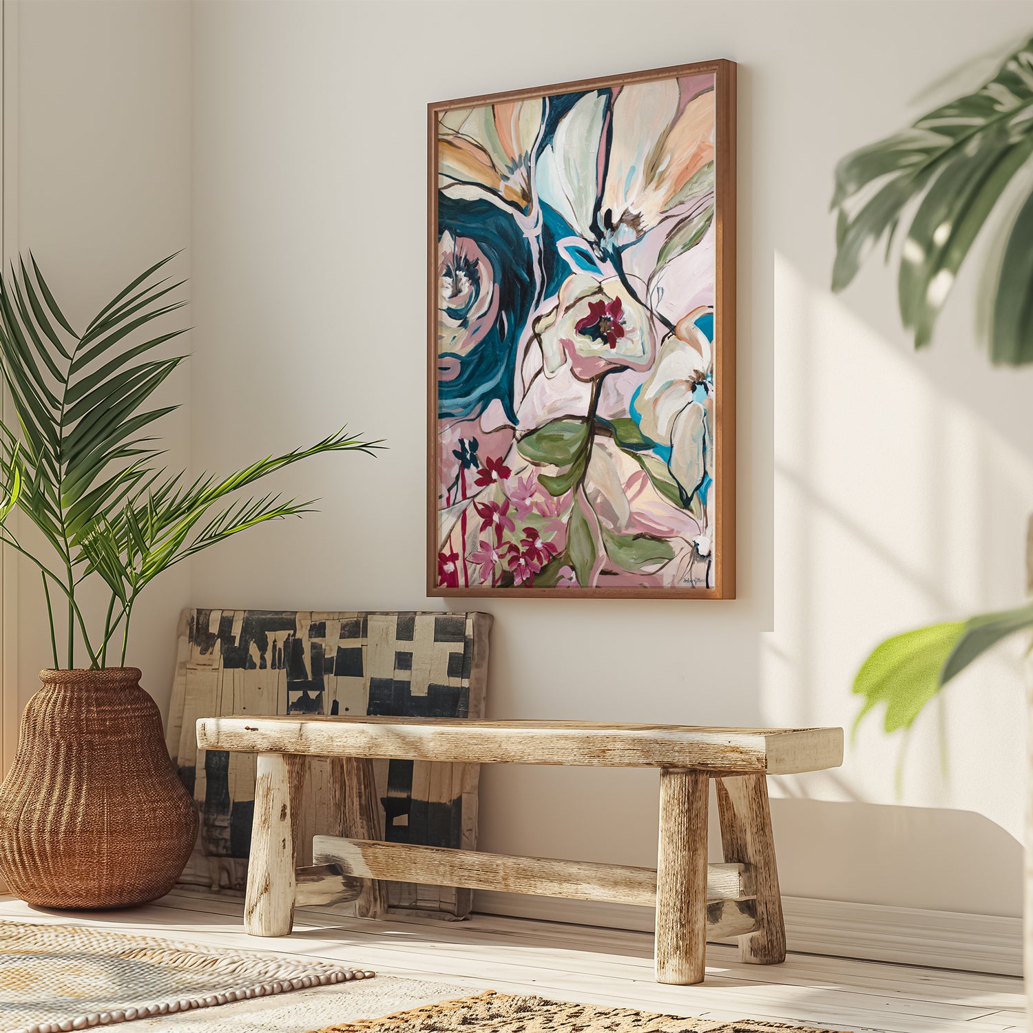 Abstract floral canvas art print hanging in a modern neutral living room