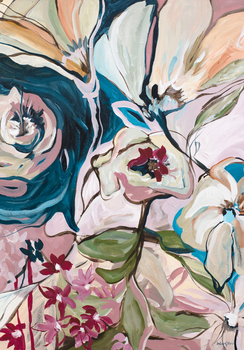 Colourful and fun abstract flower wall art print in an eclectic, bohemian style. Contemporary colour palette of pastel pinks, turquoise, moss green and orange.