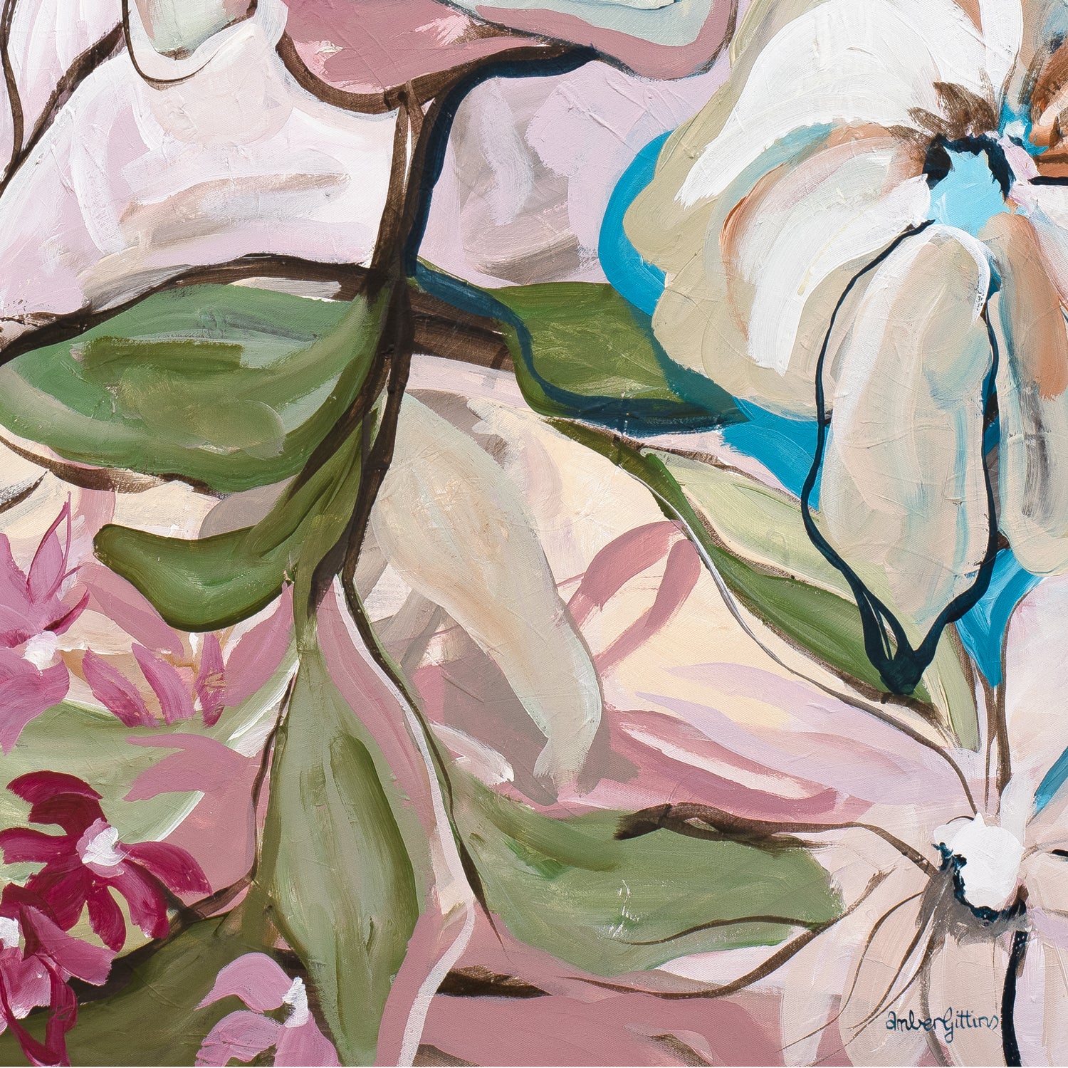 Colorful abstract painting with floral elements