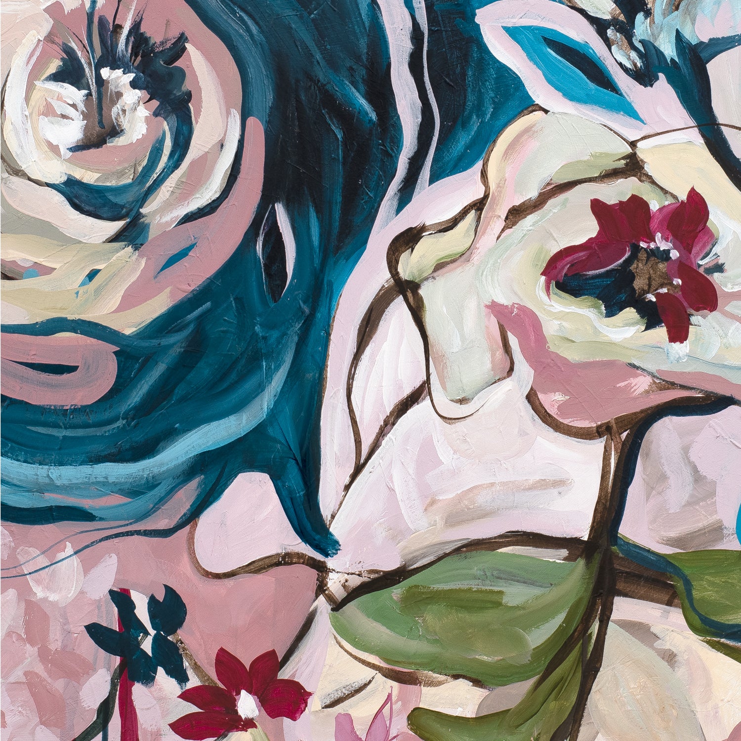 Close-up of a floral pattern with blue, pink, and green colors.