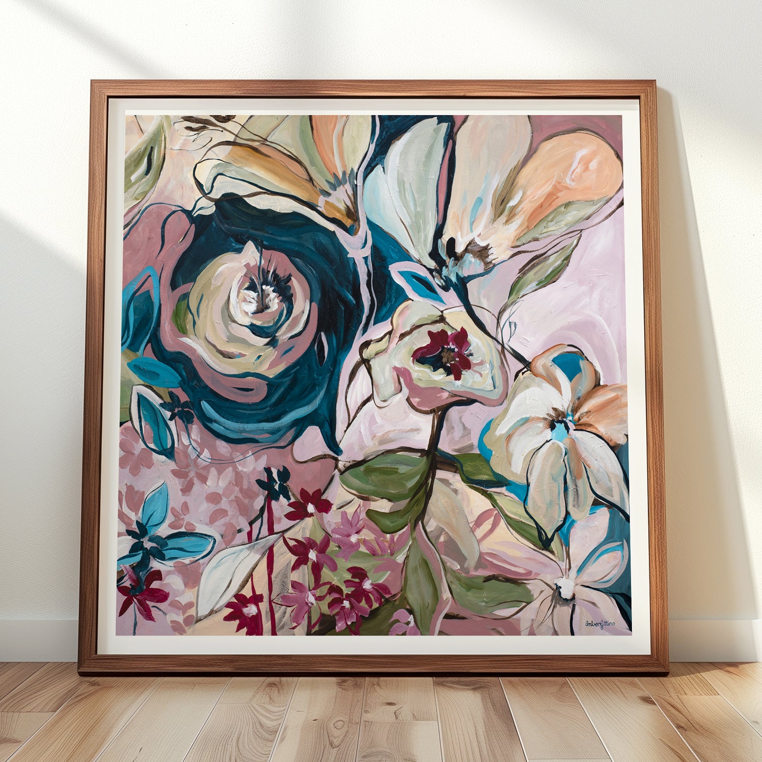 Framed modern abstract floral fine art print on a wall