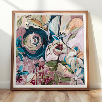 Framed modern abstract floral fine art print on a wall