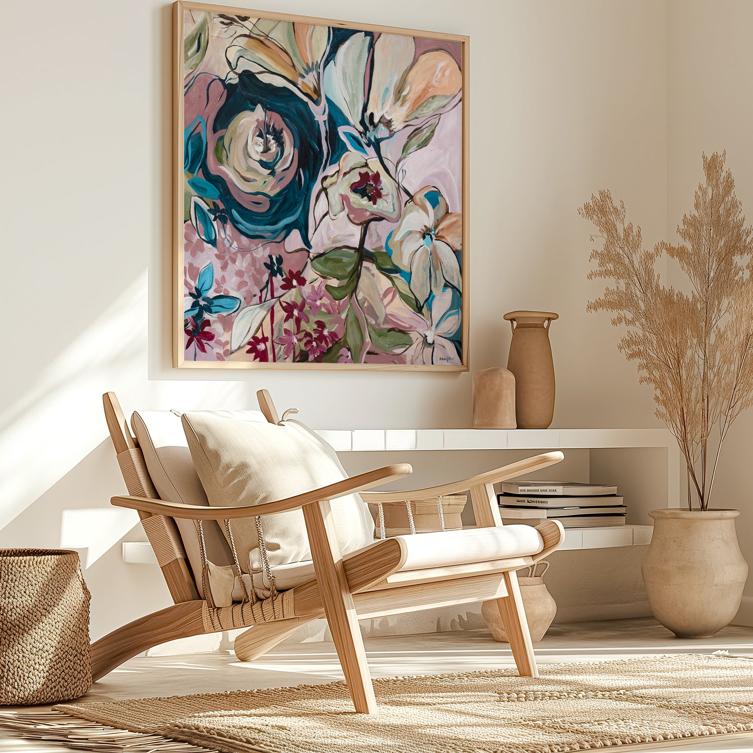 Modern living room with a wooden armchair, abstract floral canvas art print, and decorative elements.