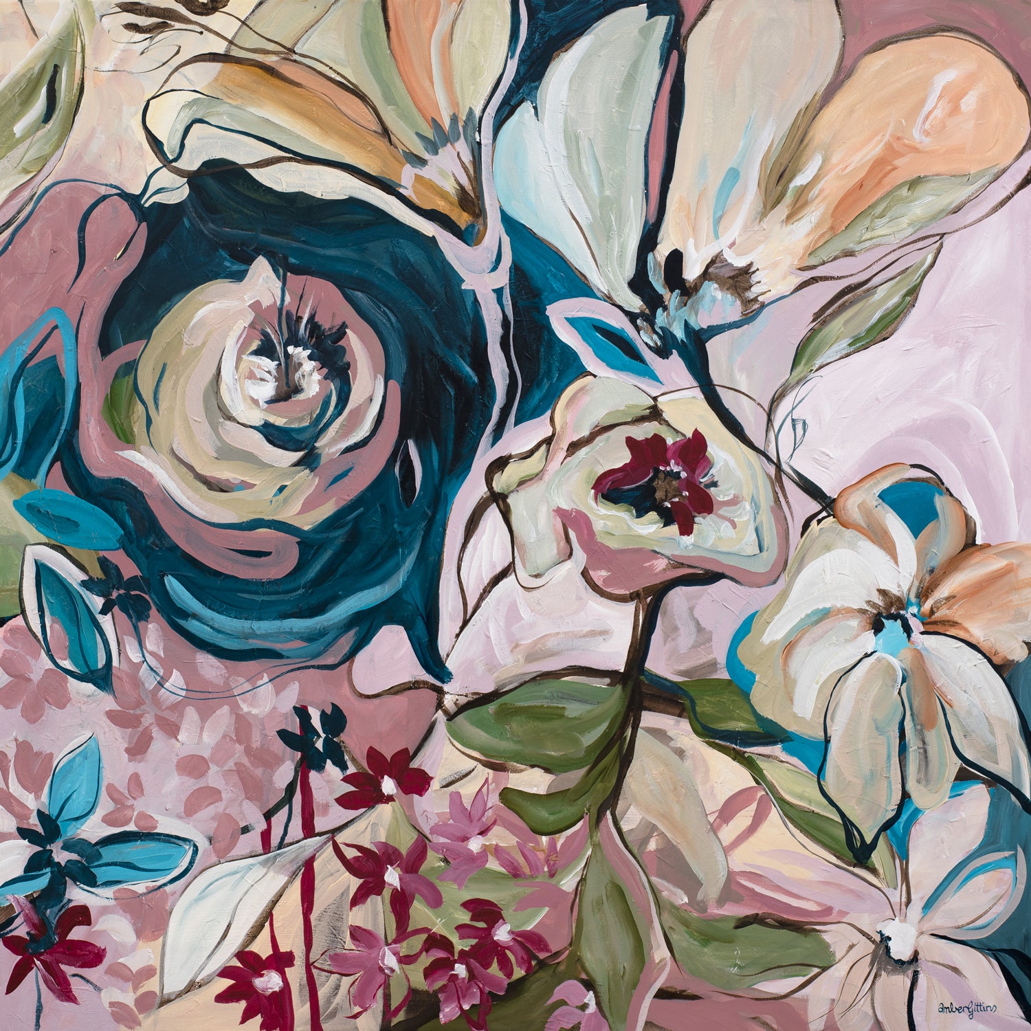 Colorful abstract floral art print with abstract elements on a pink background