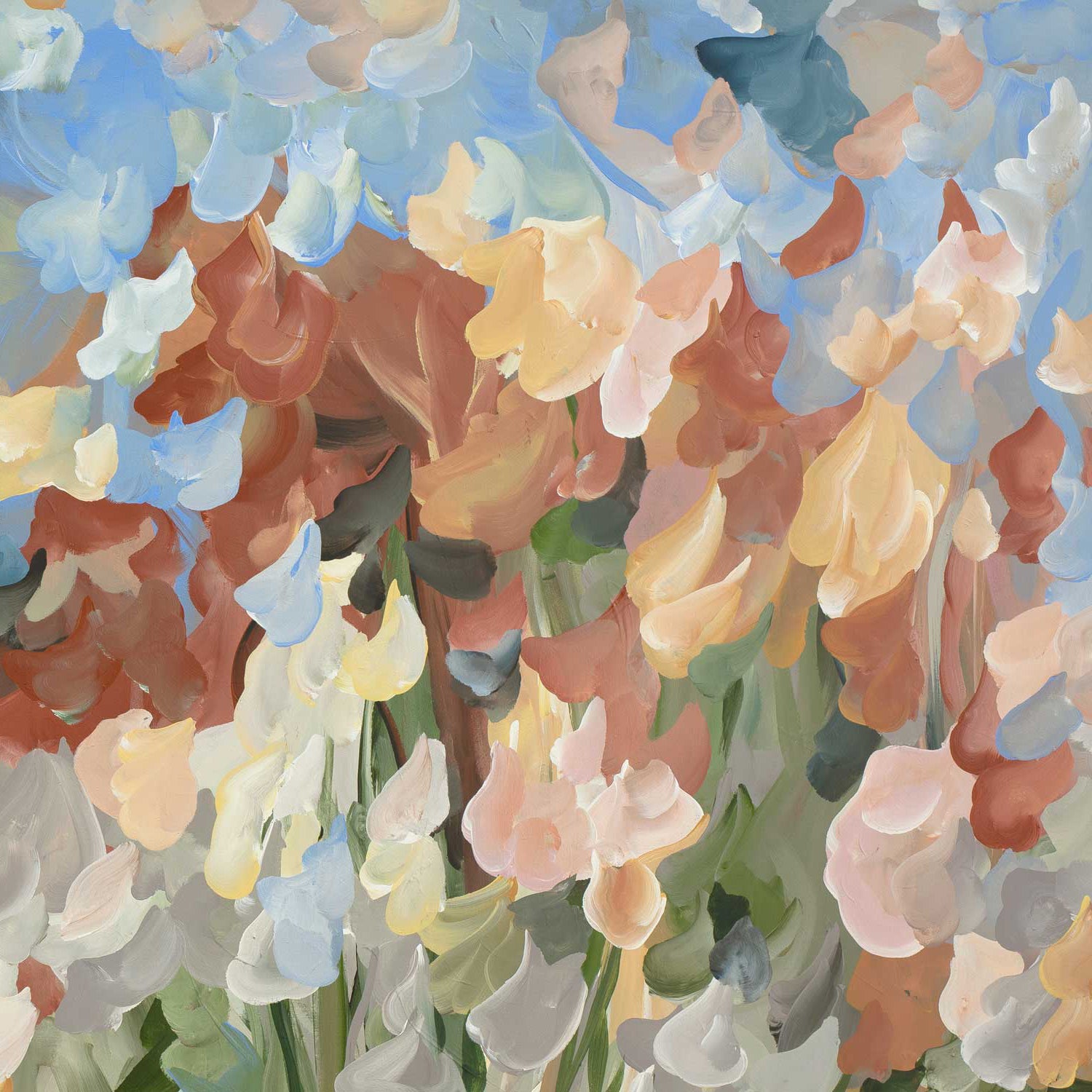 Colourful autumn inspired abstract canvas print of a garden of falling leaves and flower petals in a minimal impressionist style in browns, light blue, warm yellow and green. Close up cropped section.