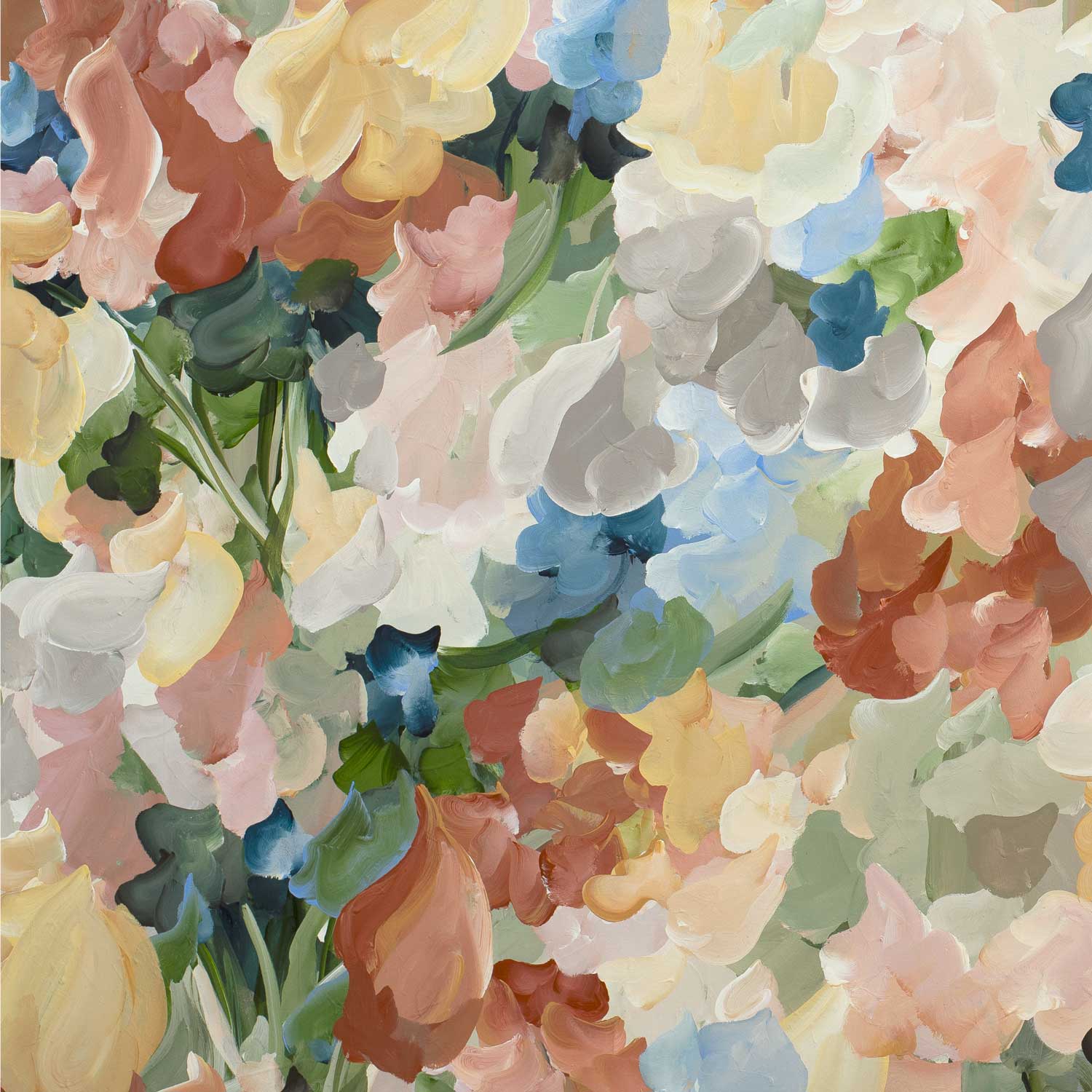 Colourful autumn inspired abstract canvas print of a garden of falling leaves and flower petals in a minimal impressionist style in browns, light blue, warm yellow and green. Close up cropped section.