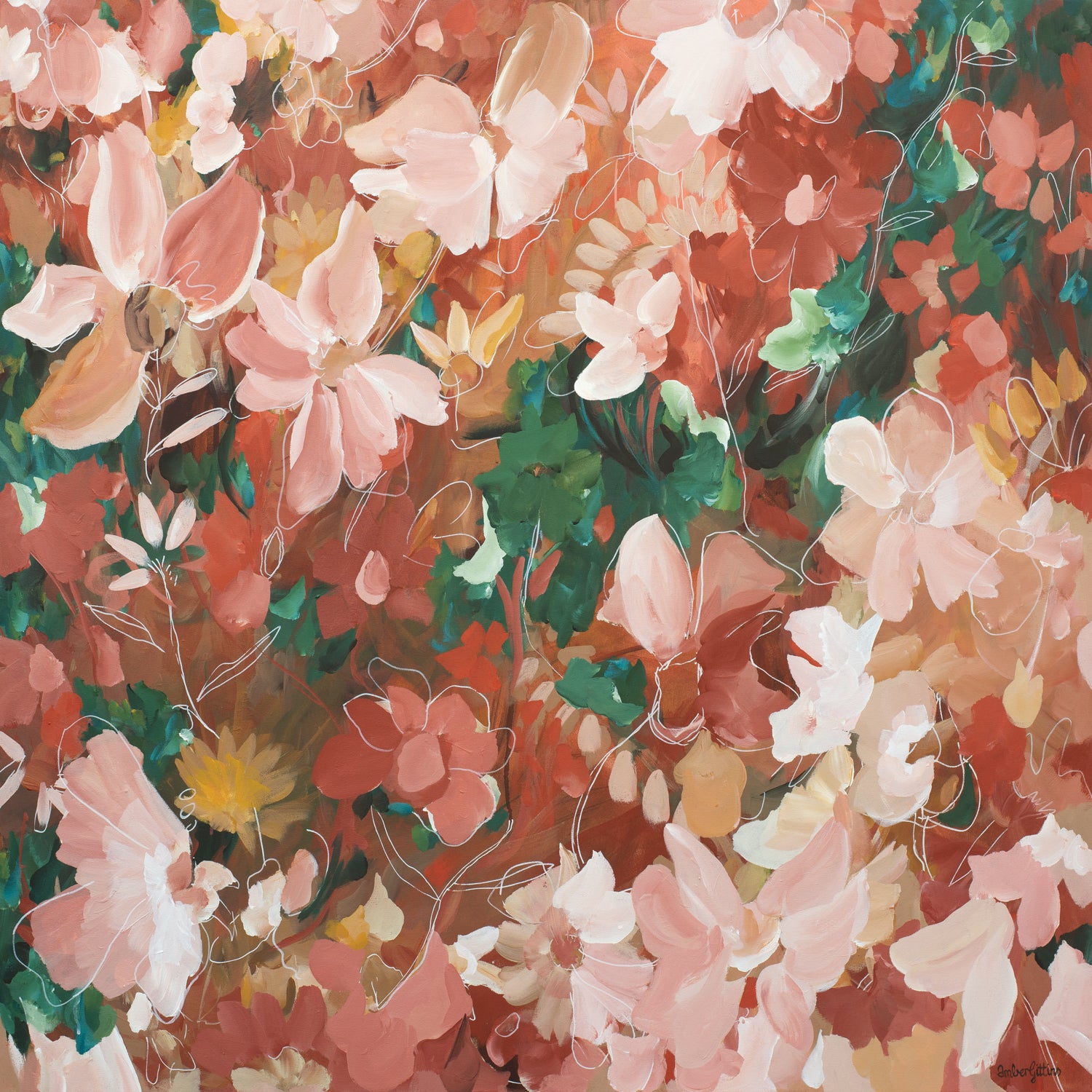 Colorful floral art print with pink, green, and red flowers