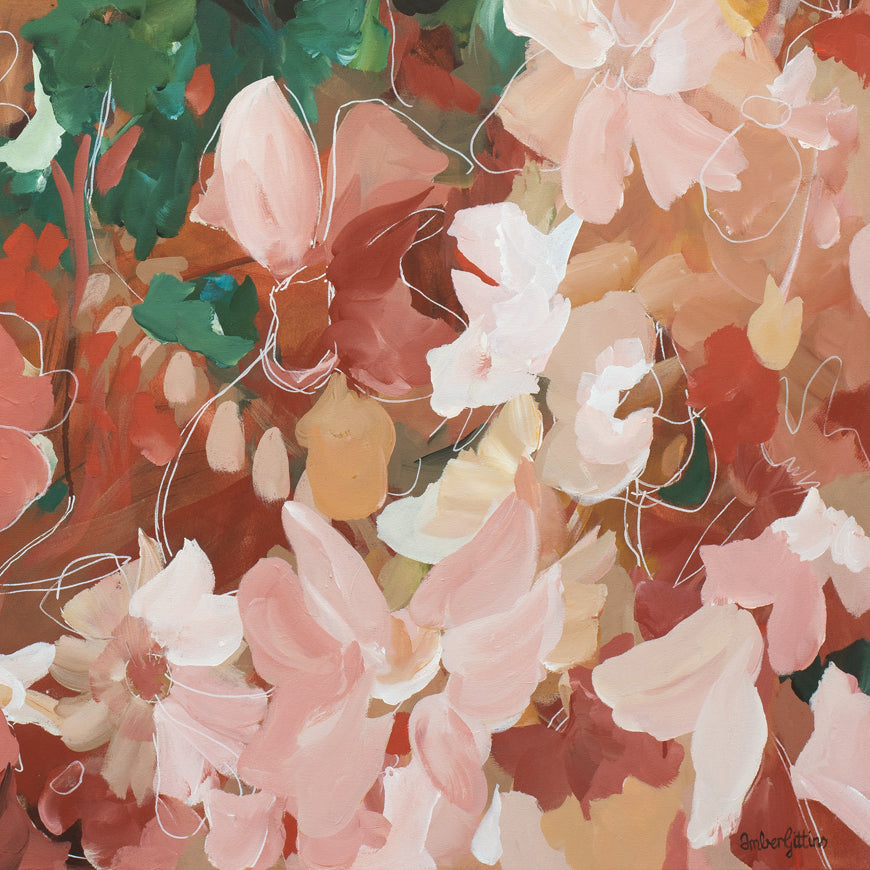 Floral pattern with pink and red flowers on a colorful background