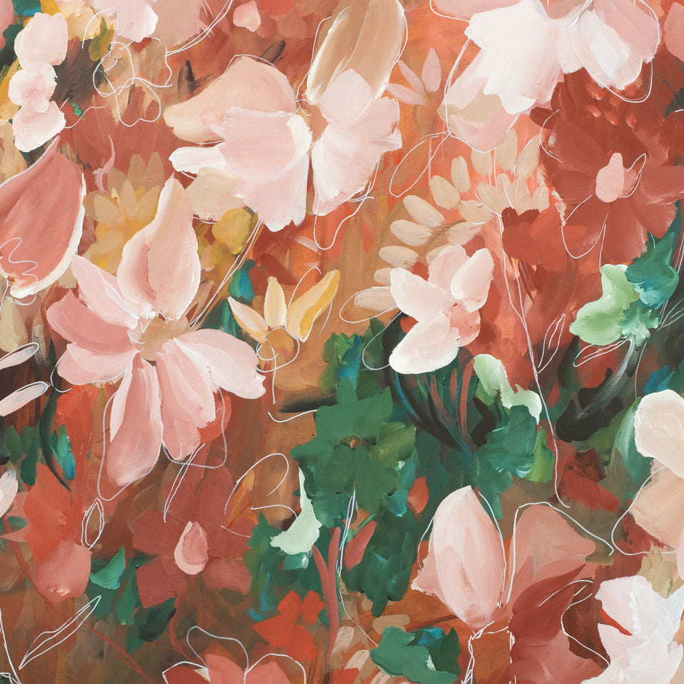 Floral pattern with pink and green flowers on a warm-toned background