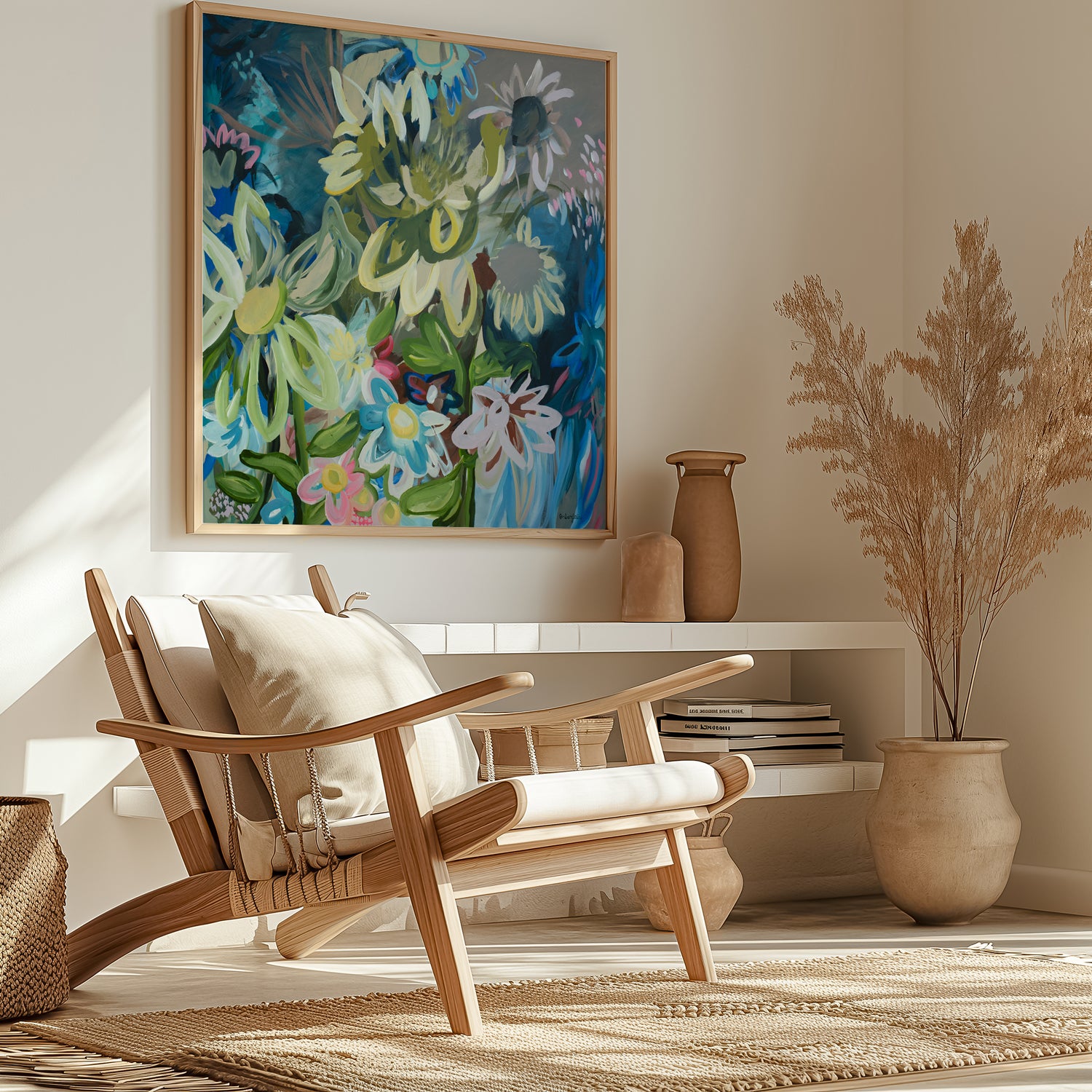 Contemporary square abstract flower fine art print in multi colours. Inspired by sunflowers in the moonlight. Layers of organic flowing shapes and colours in a playful style. Framed in a natural wood frame hanging in a modern living room.