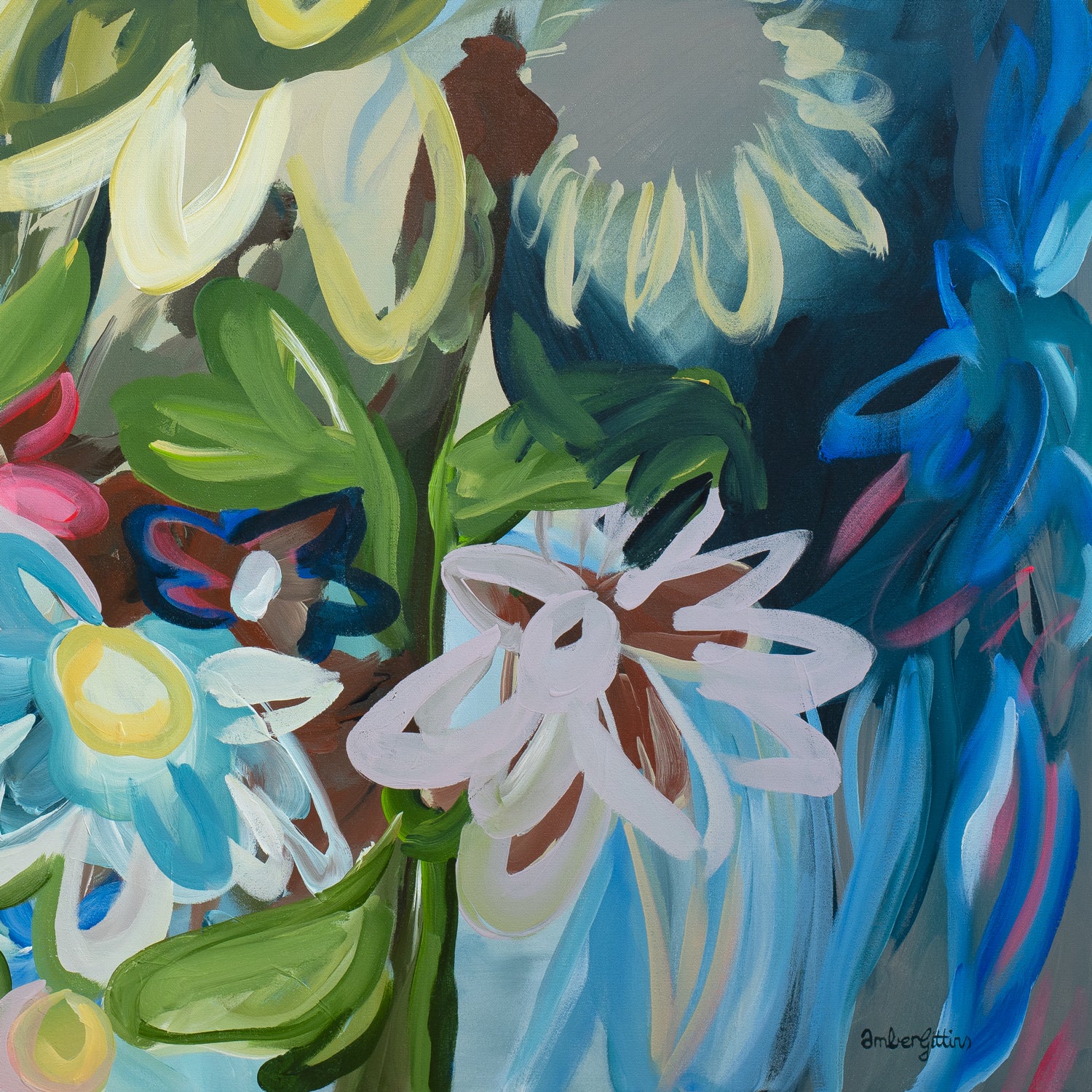 Contemporary square abstract flower fine art print in multi colours. Inspired by sunflowers in the moonlight. Layers of organic flowing shapes and colours in a playful style. Framed in a natural wood frame hanging in a modern living room. Close up cropped section.