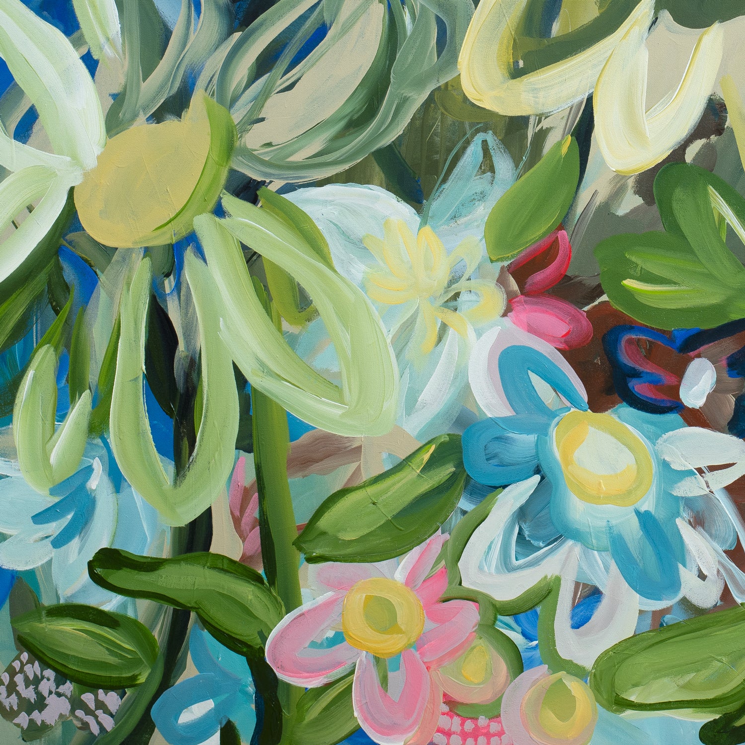 Contemporary square abstract flower fine art print in multi colours. Inspired by sunflowers in the moonlight. Layers of organic flowing shapes and colours in a playful style. Framed in a natural wood frame hanging in a modern living room. Close up cropped section.