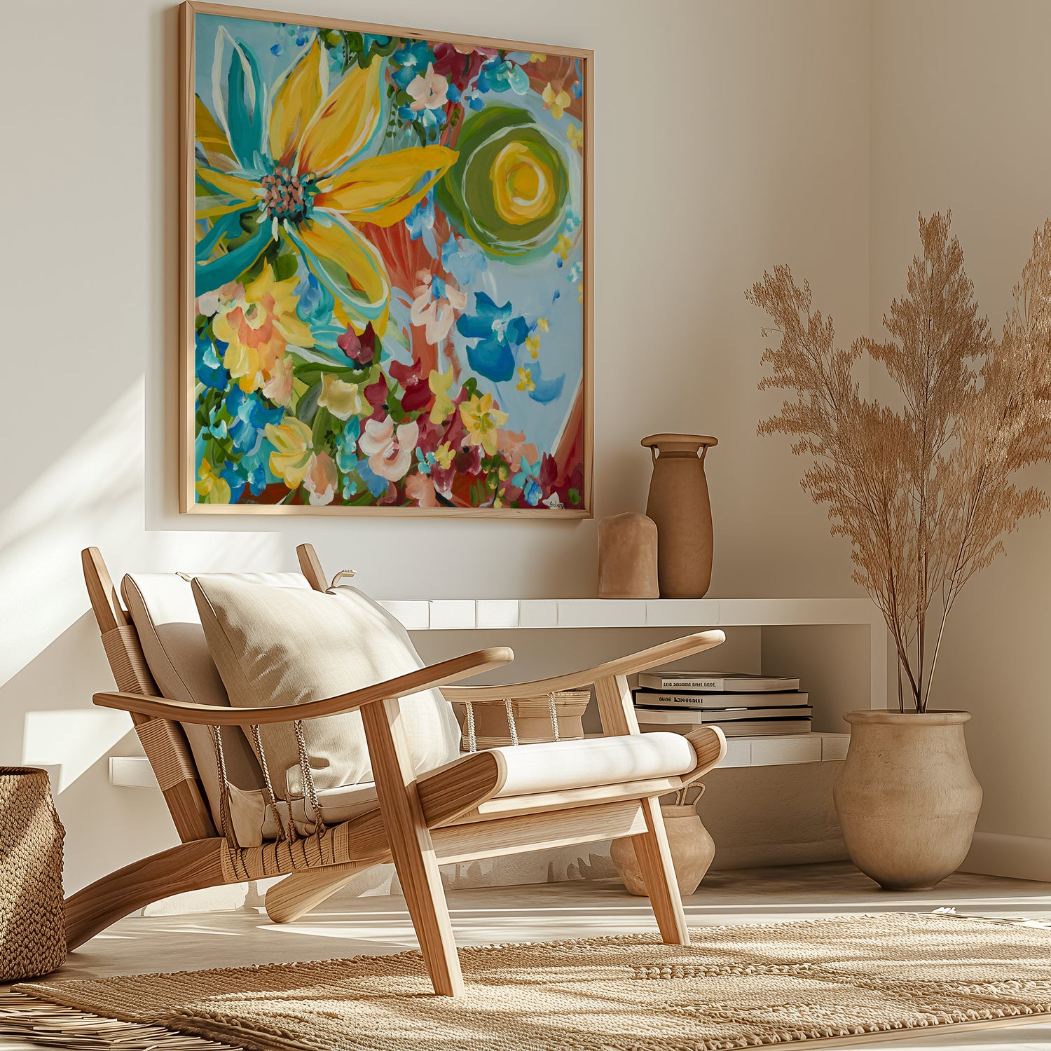 Modern abstract sunflower art print with a big yellow sunflower and smaller red, blue, yellow flowers surrounding it. Colourful wall art print framed in a natural frame and hanging in a contemporary neutral living room.