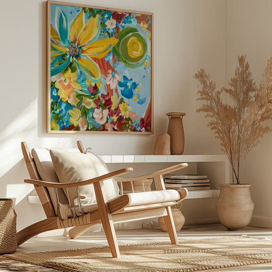 Modern abstract sunflower art print with a big yellow sunflower and smaller red, blue, yellow flowers surrounding it. Colourful wall art print framed in a natural frame and hanging in a contemporary neutral living room.
