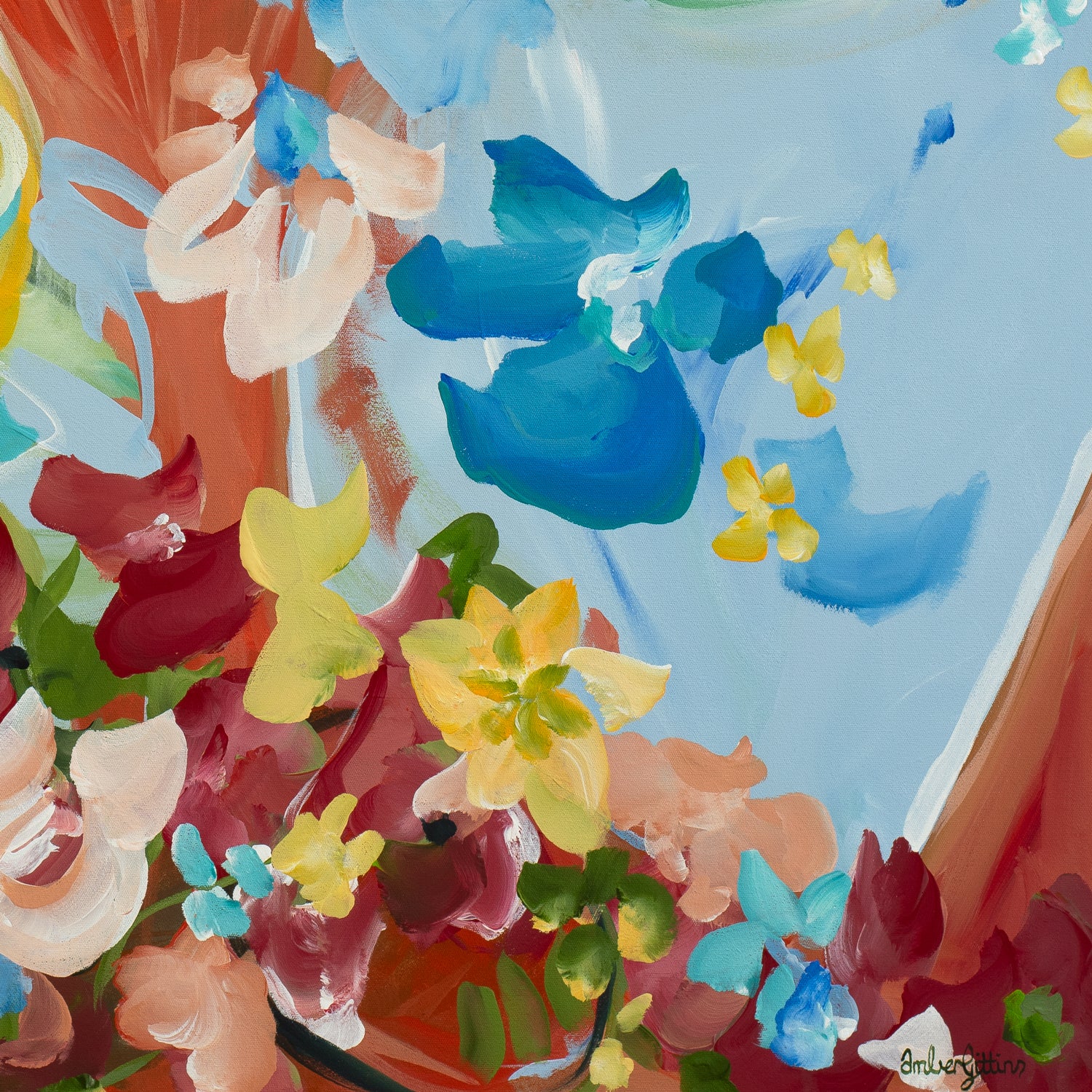 Modern colourful abstract sunflower art print with a big yellow sunflower and smaller red, blue, yellow flowers surrounding it. Close up cropped section.