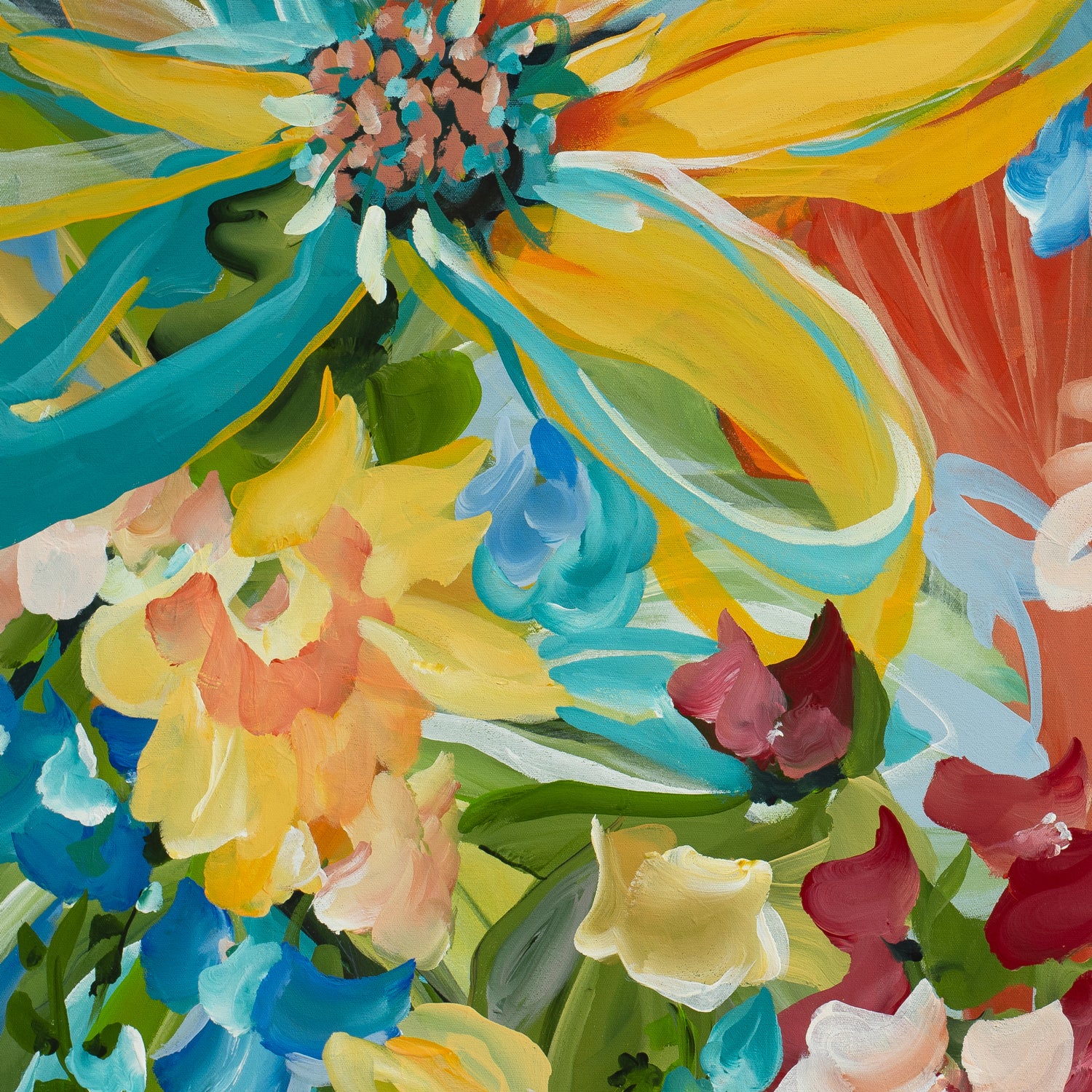 Modern colourful abstract sunflower art print with a big yellow sunflower and smaller red, blue, yellow flowers surrounding it. Close up cropped section.