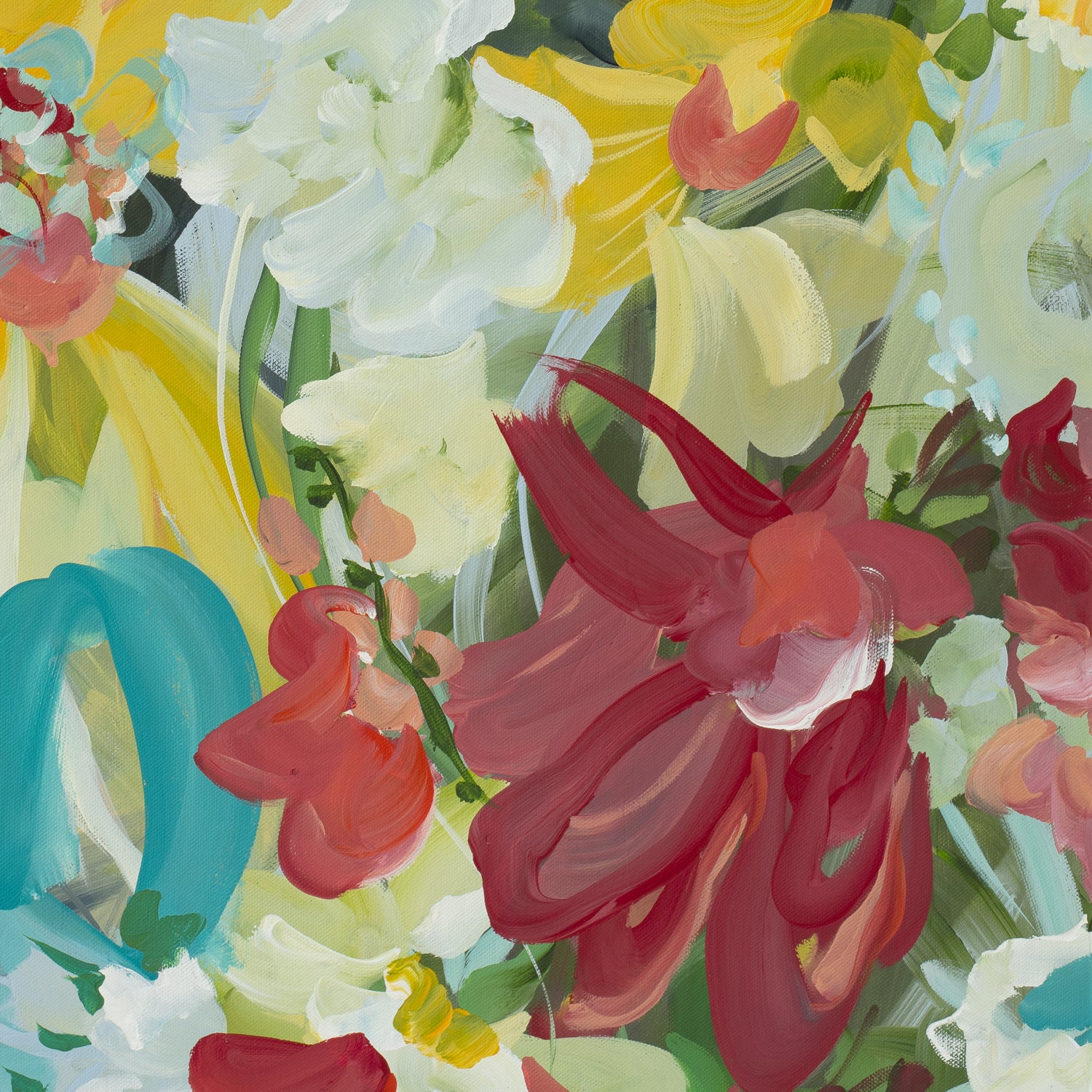 Bold, bright and colourful abstract flower art print in a modern style. Close up section of wall art print.