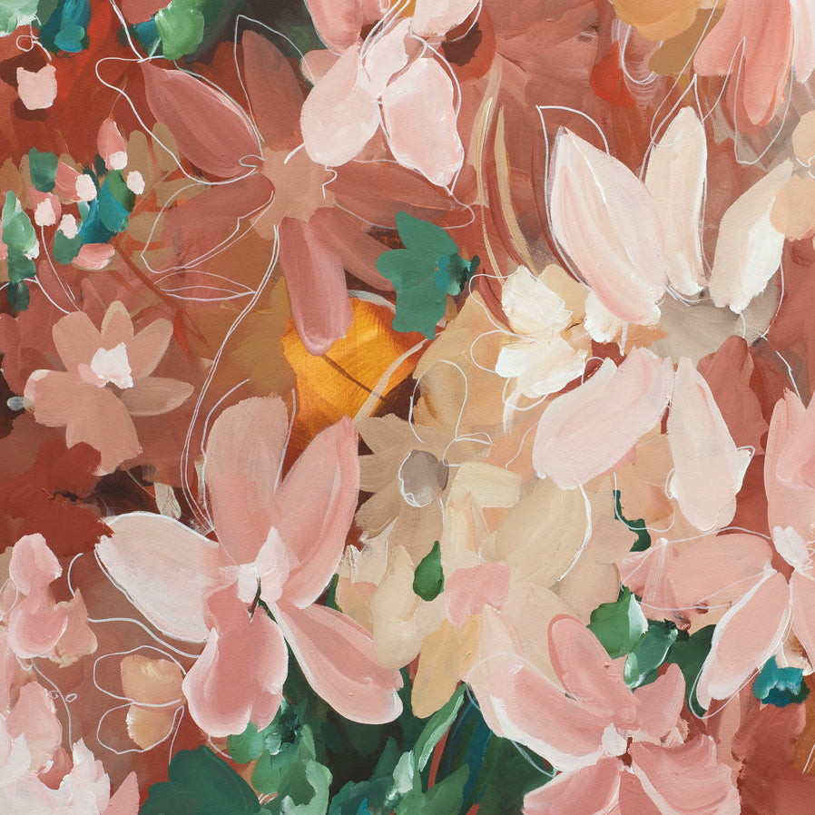 Close-up of a floral pattern with pink, green, and brown flowers.