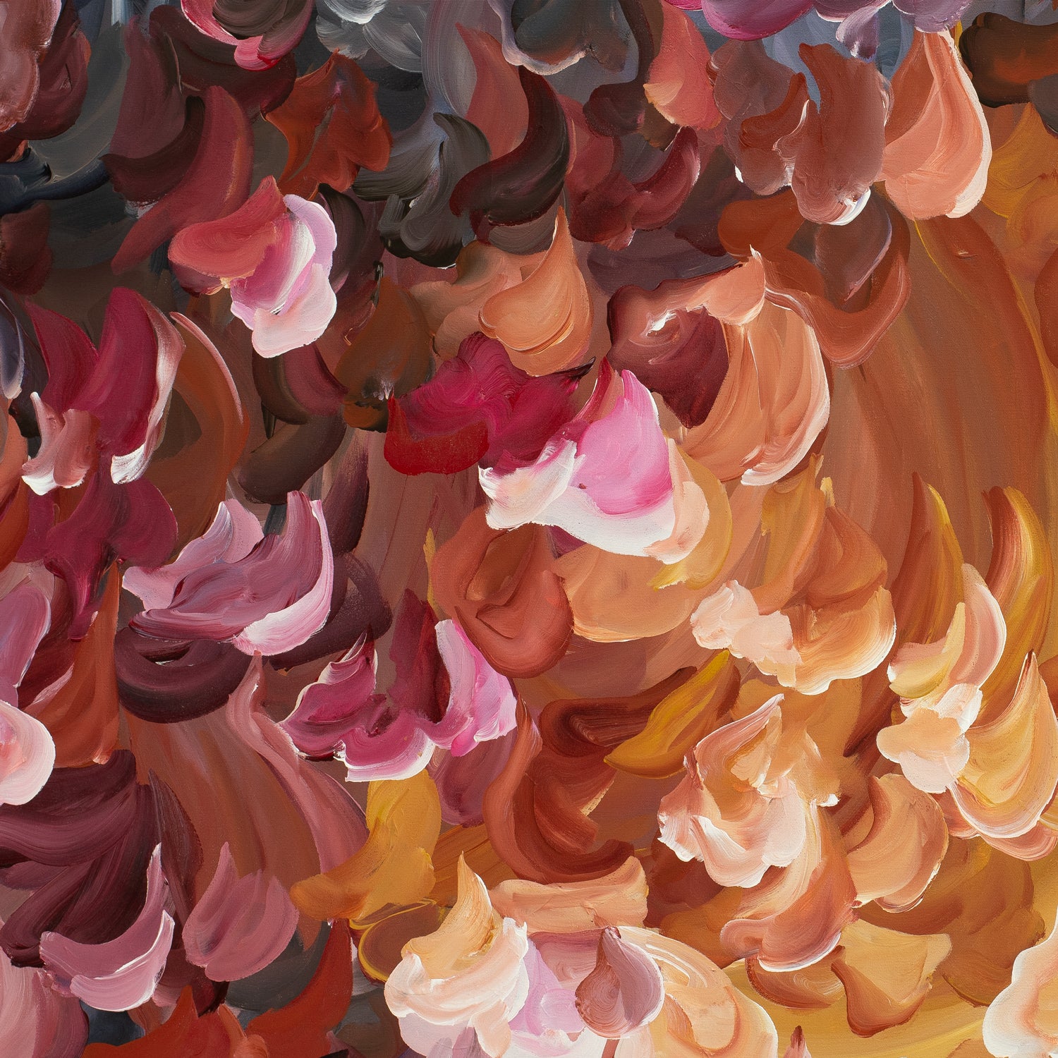 Bright and fiery red, orange and yellow abstract nature canvas wall art print of falling leaves in nature. Close up cropped section.