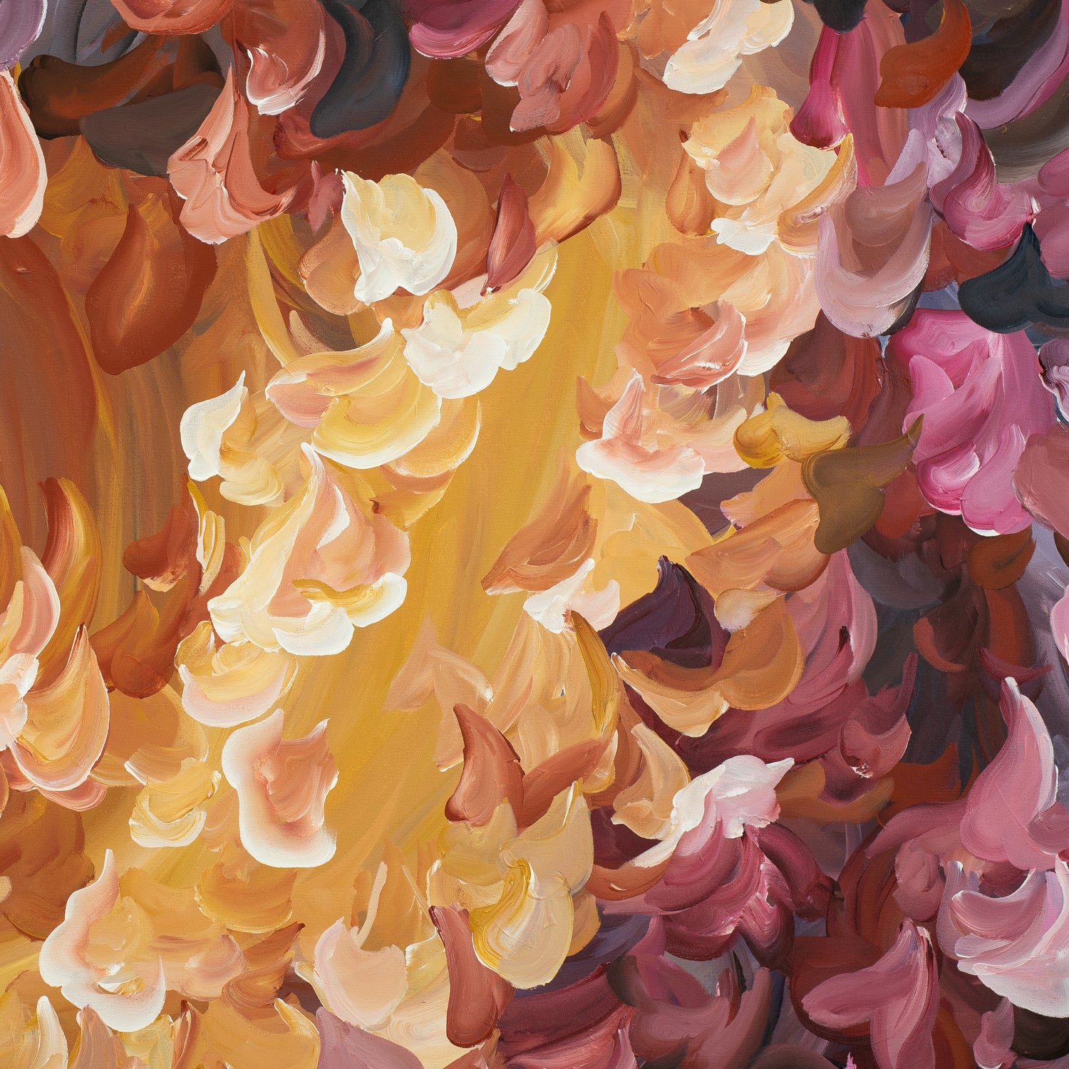 Bright and fiery red, orange and yellow abstract nature canvas wall art print of falling leaves in nature. Close up cropped section.