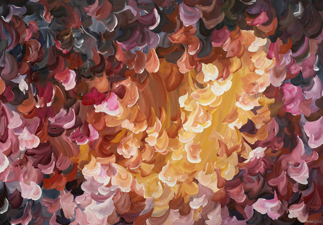 Bright and fiery red, orange and yellow abstract nature canvas wall art print of falling leaves in nature.