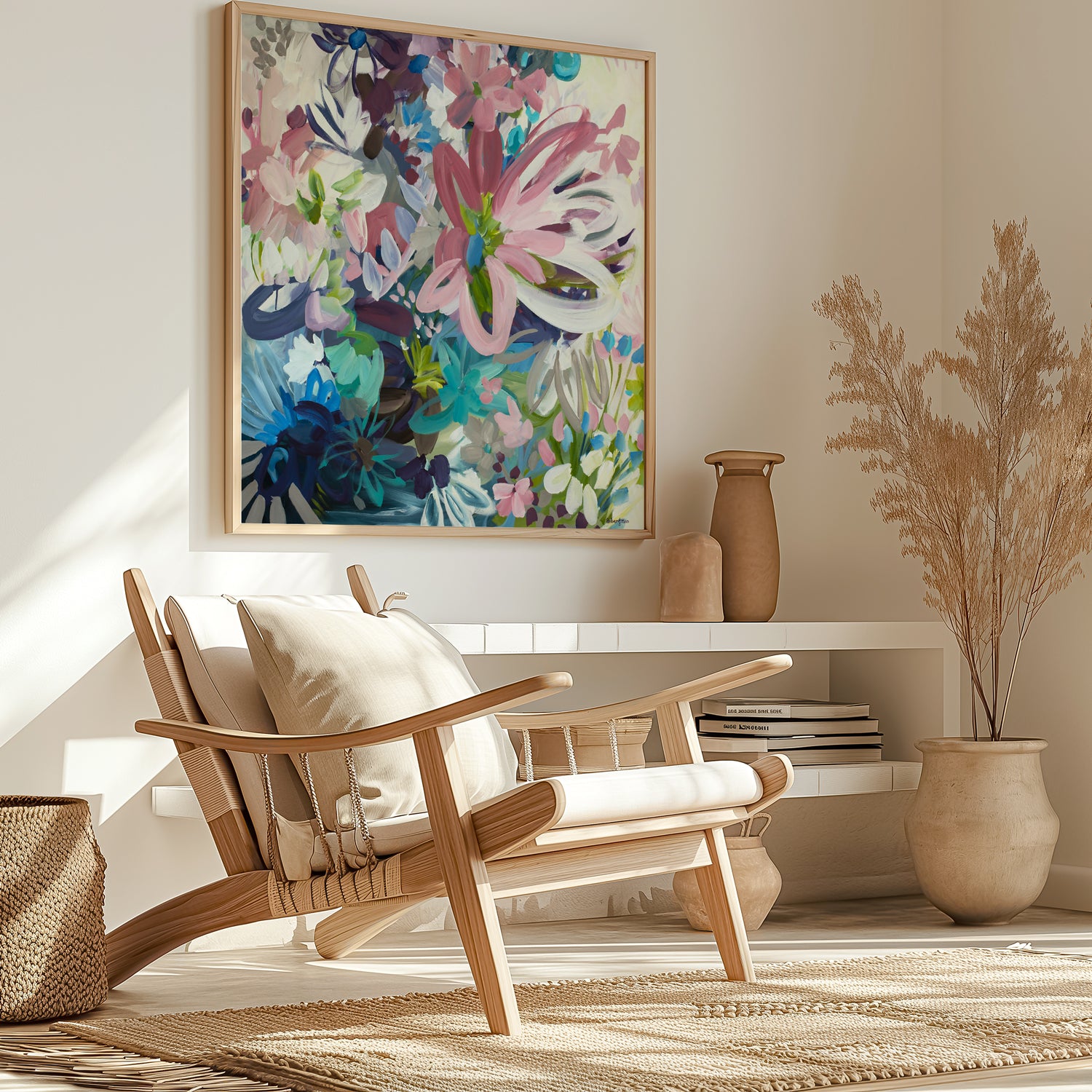Colourful abstract flower botanical fine art print. Framed and hanging in a modern natural living room.