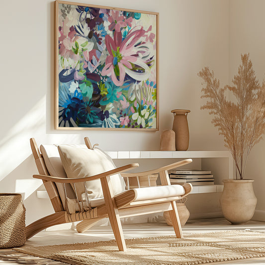 Colourful abstract flower botanical fine art print. Framed and hanging in a modern natural living room.