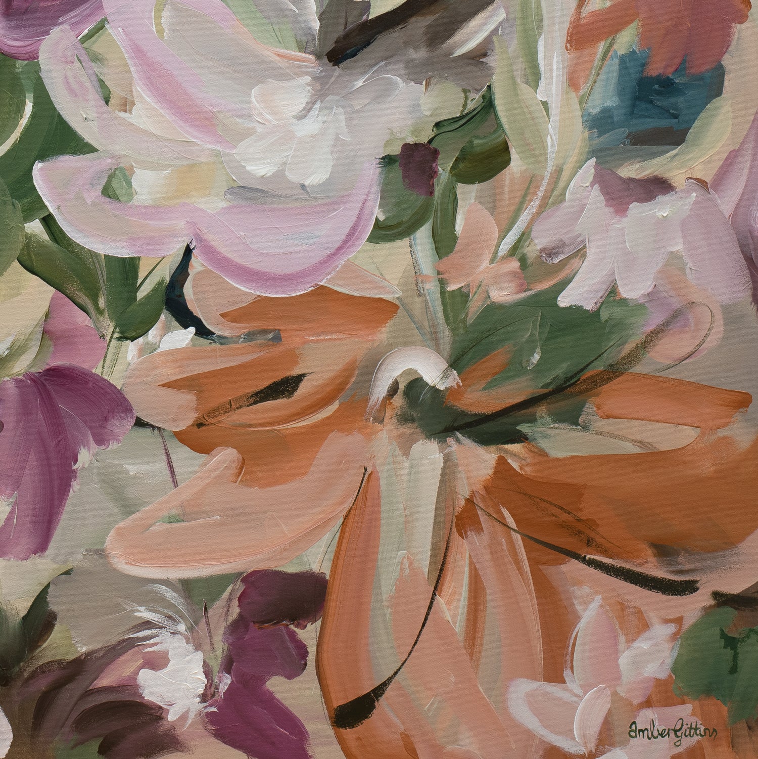 Colourful modern abstract flower fine art wall print in warm tones of red, burgundy, pink, orange and green. Layers of flowing brushstrokes showing linear flower and petal shapes. Cropped section.