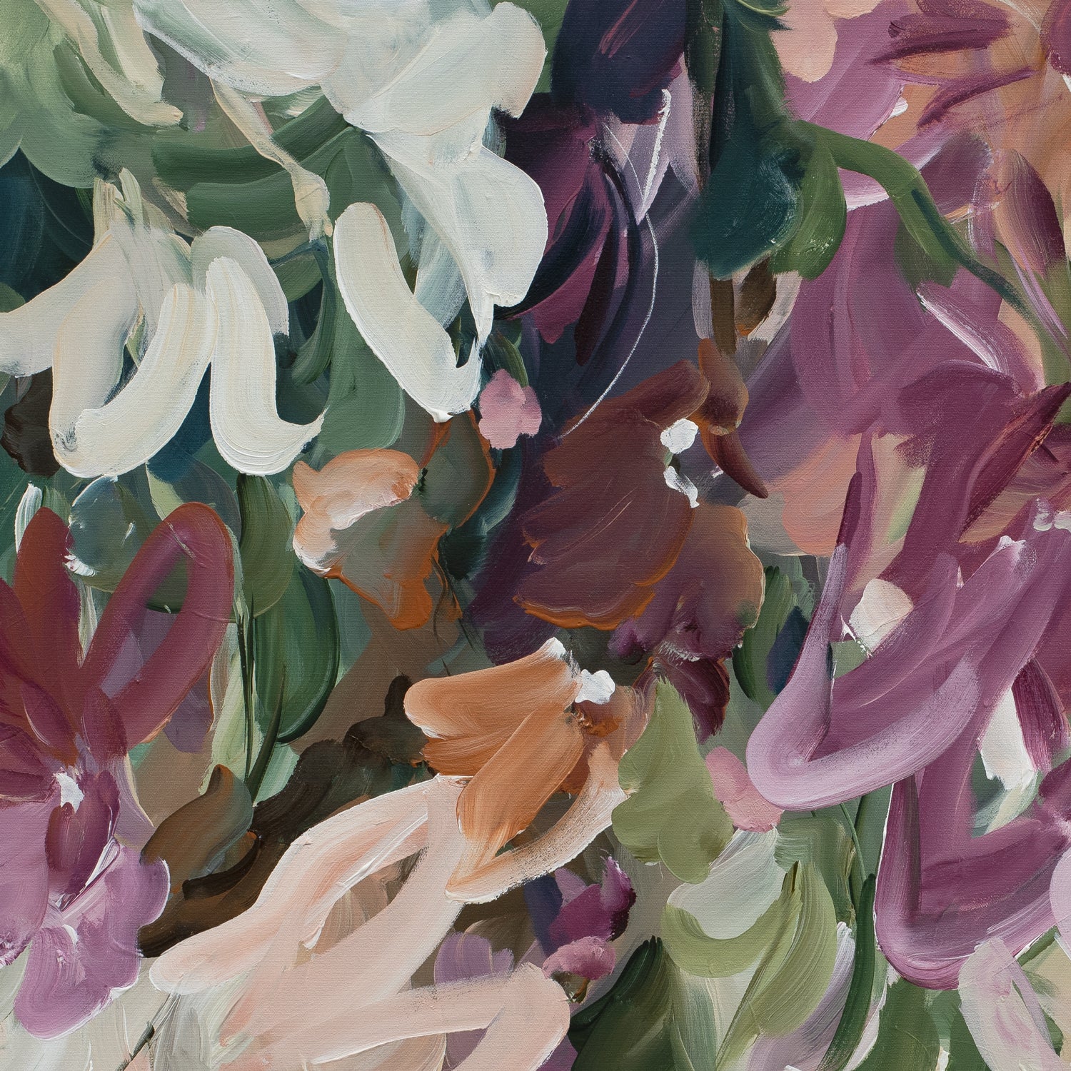 Colourful modern abstract flower fine art wall print in warm tones of red, burgundy, pink, orange and green. Layers of flowing brushstrokes showing linear flower and petal shapes. Cropped section.