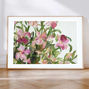 modern abstract flower wall art paper print of pink flowers with a white background.
