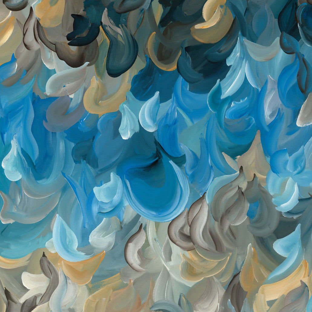 Modern coastal and water inspired abstract art print in blues and ochre yellow. Layers of soft organic shapes in a contemporary impressionist style.  Close up cropped section.