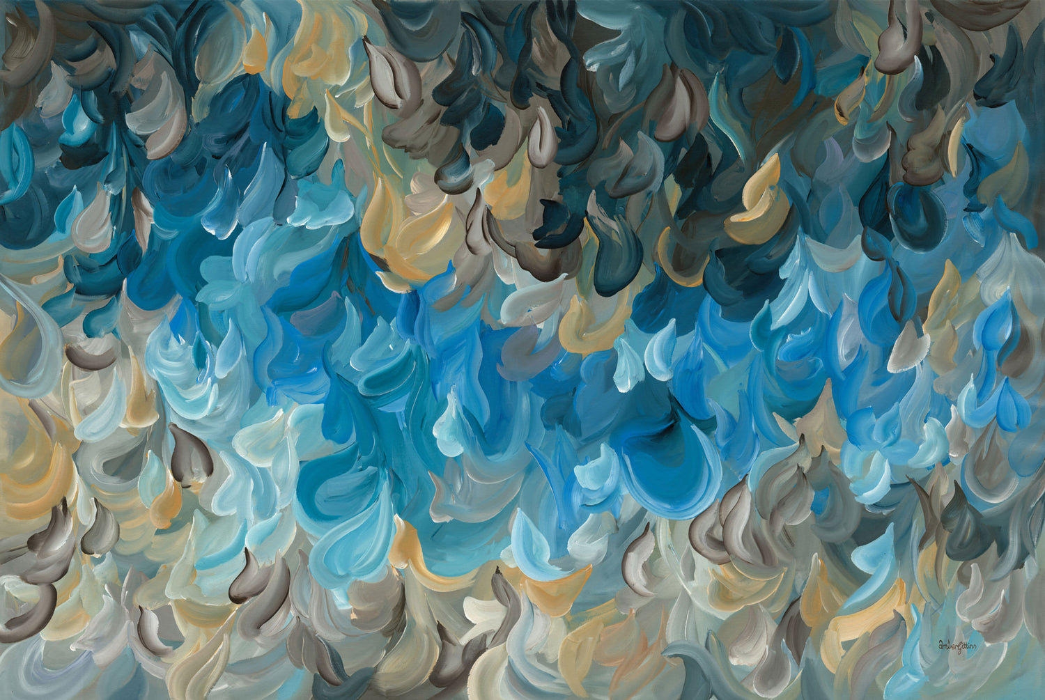 Modern coastal and water inspired abstract art print in blues and ochre yellow. Layers of soft organic shapes in a contemporary impressionist style.