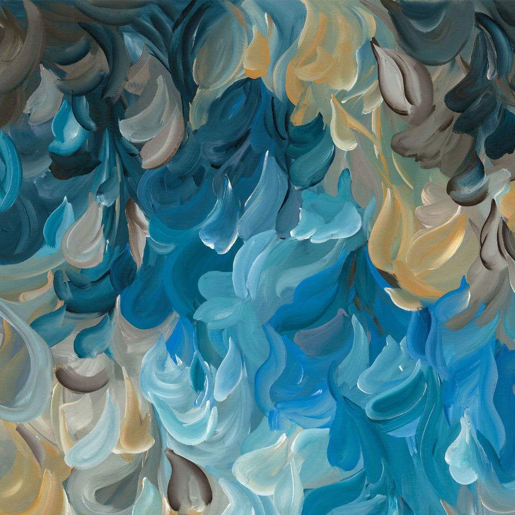 Modern coastal and water inspired abstract art print in blues and ochre yellow. Layers of soft organic shapes in a contemporary impressionist style.  Close up cropped section.