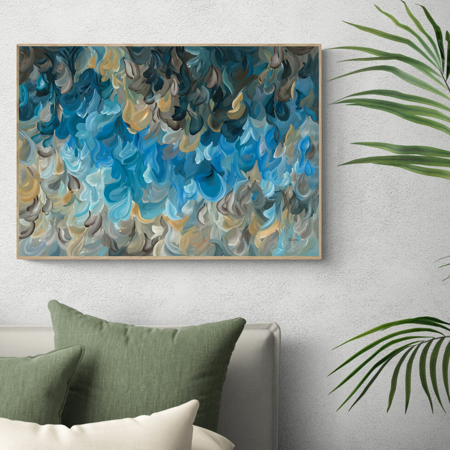 Modern coastal and water inspired abstract art print in blues and ochre yellow. Layers of soft organic shapes in a contemporary impressionist style. Framed in a natural frame and hanging in a modern bedroom.