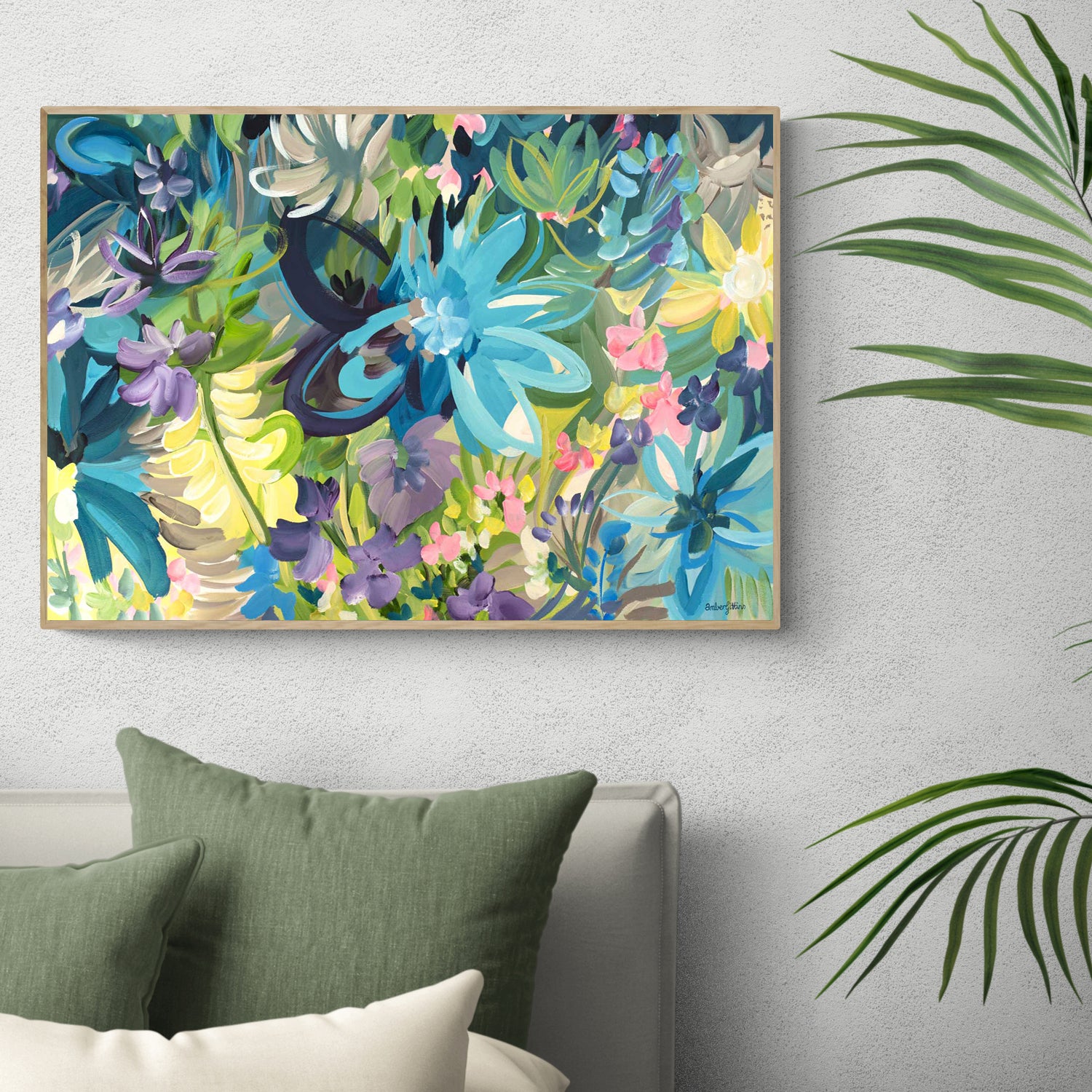 Colourful tropical flower abstract canvas wall art print. Framed in a  natural frame