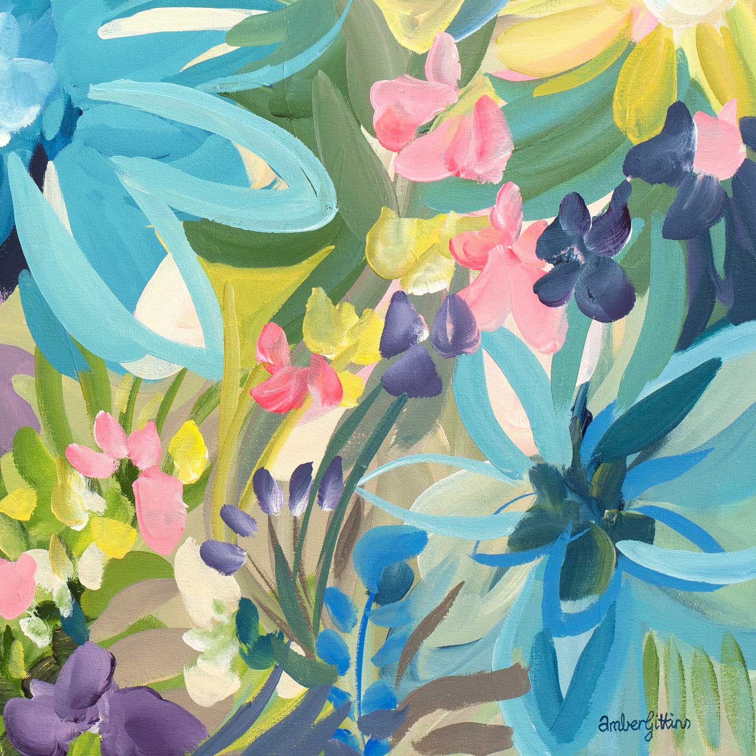 Colourful tropical flower abstract wall art print. Close up cropped section.
