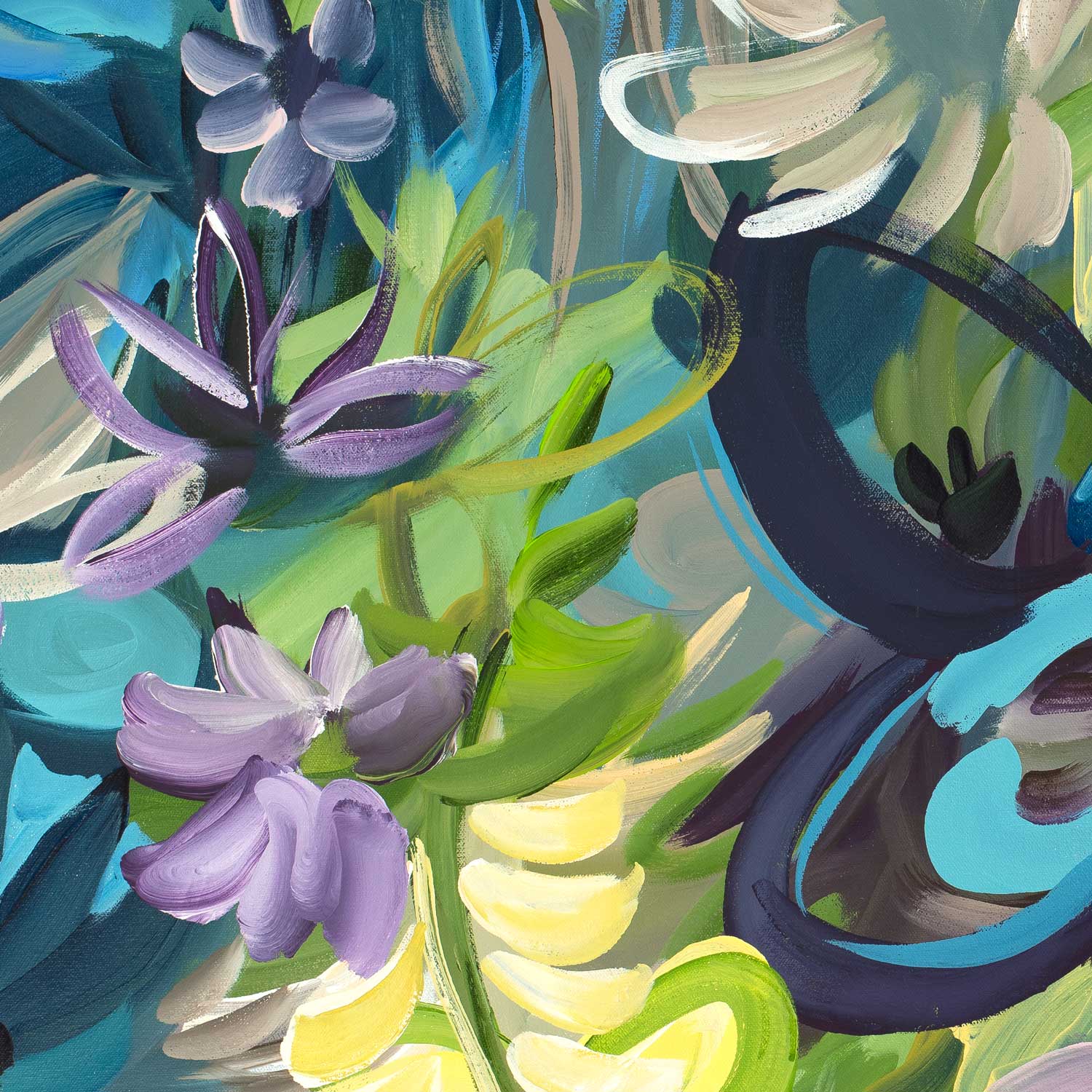 Colourful tropical flower abstract wall art print. Close up cropped section.