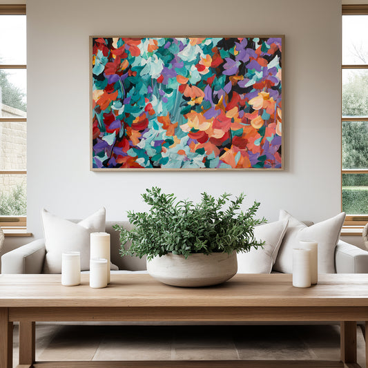Bold and bright abstract art print in a modern abstract style of floating flower petals in red, orange, turquoise and purple. Hanging against a modern living room wall with a natural frame.